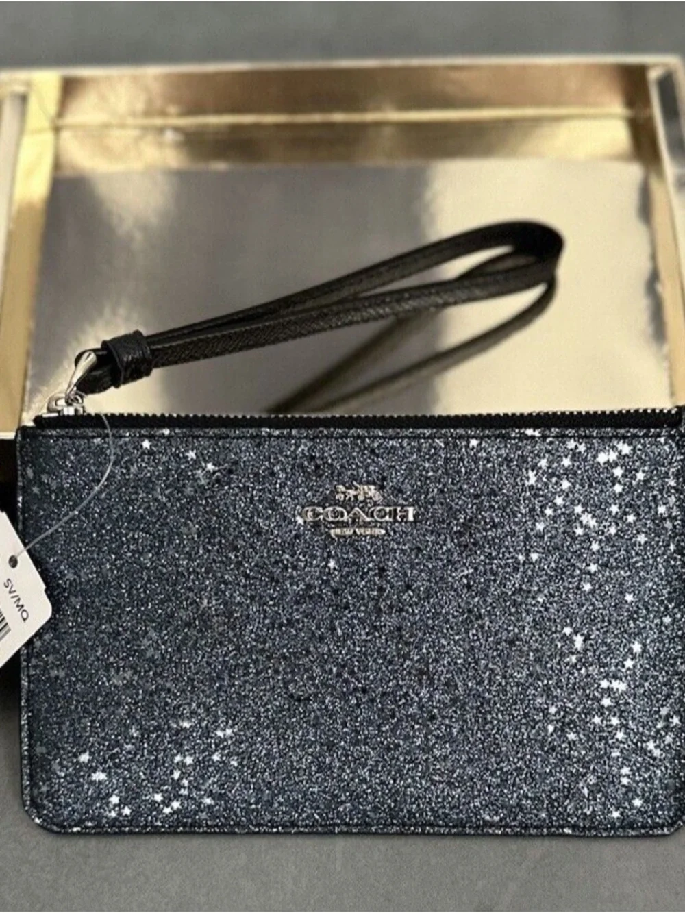 NWT Coach Black Star Glitter Wristlet Zip Pouch Wallet Clutch w/ Gift Box